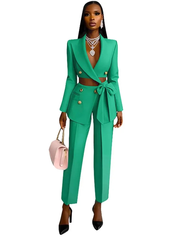 Sexy Waist Exposed Ultra Short Blazer Top Women's Pants 2 Piece Set Spring Fashion Cross Strap Tops Slim Suit Office Pants Suit