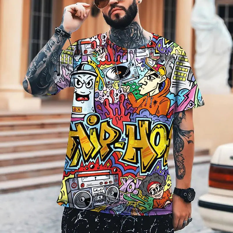 New Fun Graffiti Street T-shirt 3D Printed Men's Hip Hop Summer Cool Tee shirt Casual Youth Popular Personality Short Sleeve Top