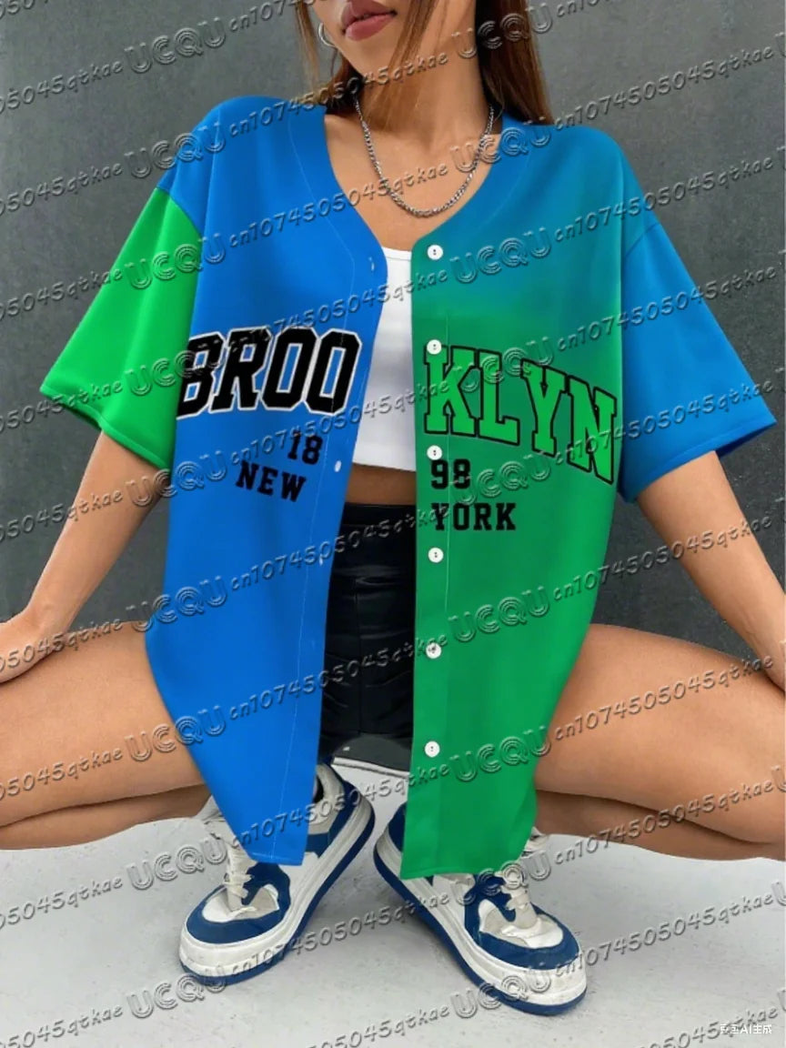 Summer Women's Baseball Jersey Brooklyn Button T-shirt Jersey Men's Short Sleeve Casual Button Streetwear Sport Top