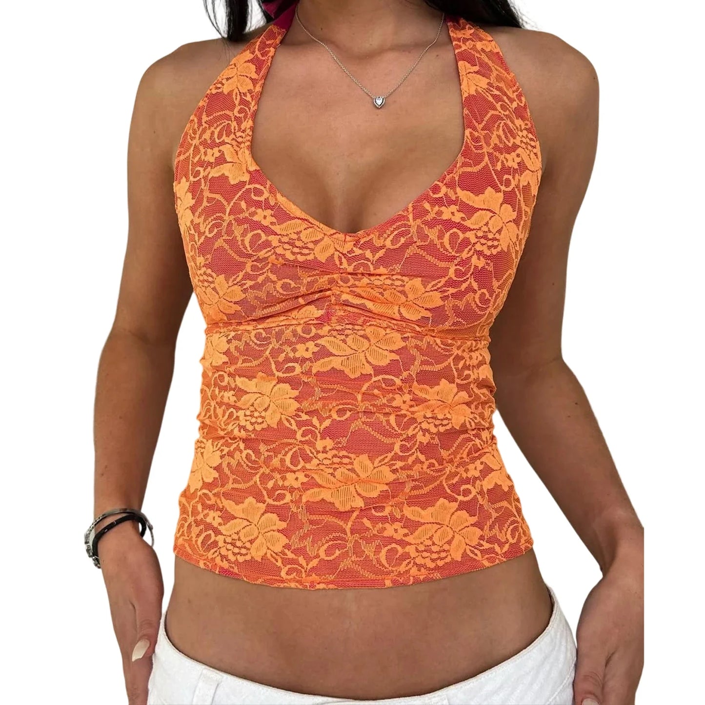 Women's Solid Color Summer Lace Halter Tank Tops Sleeveless Deep V-Neck Backless Slim Fit Vest Streetwear