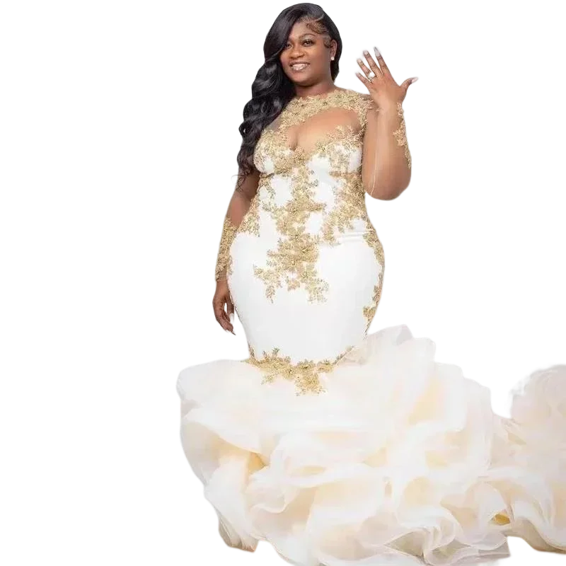 Customized Sexy Gold Lace Mermaid Wedding Dresses Abiti Da Sposa 2024 Sweep Train Tiered Ruffles Plus Size Bridal Gowns