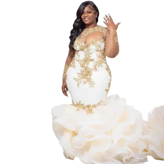 Customized Sexy Gold Lace Mermaid Wedding Dresses Abiti Da Sposa 2024 Sweep Train Tiered Ruffles Plus Size Bridal Gowns