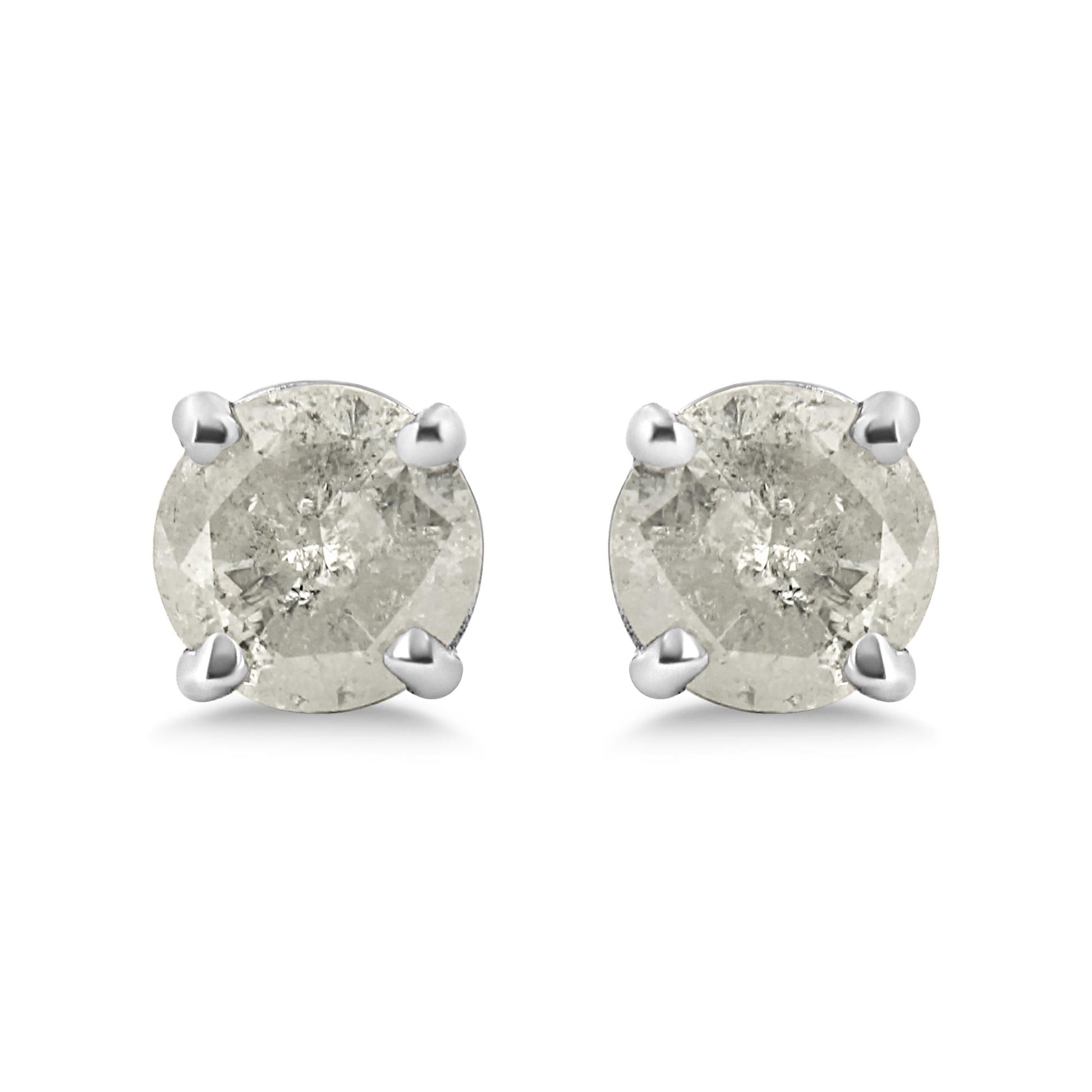 .925 Sterling Silver 4-Prong Round-cut "Salt and Pepper" Diamond Classic Stud Earrings (I-J Color, I3 Clarity)-1