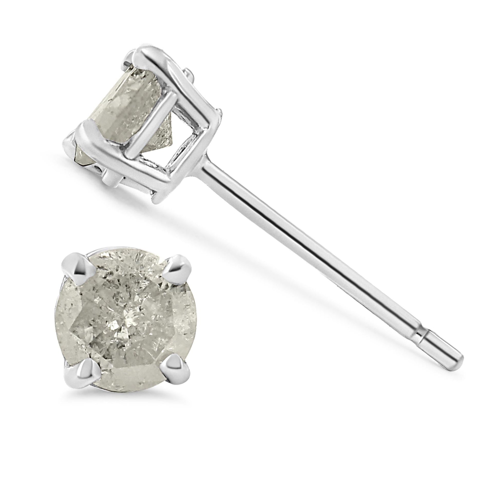 .925 Sterling Silver 4-Prong Round-cut "Salt and Pepper" Diamond Classic Stud Earrings (I-J Color, I3 Clarity)-3