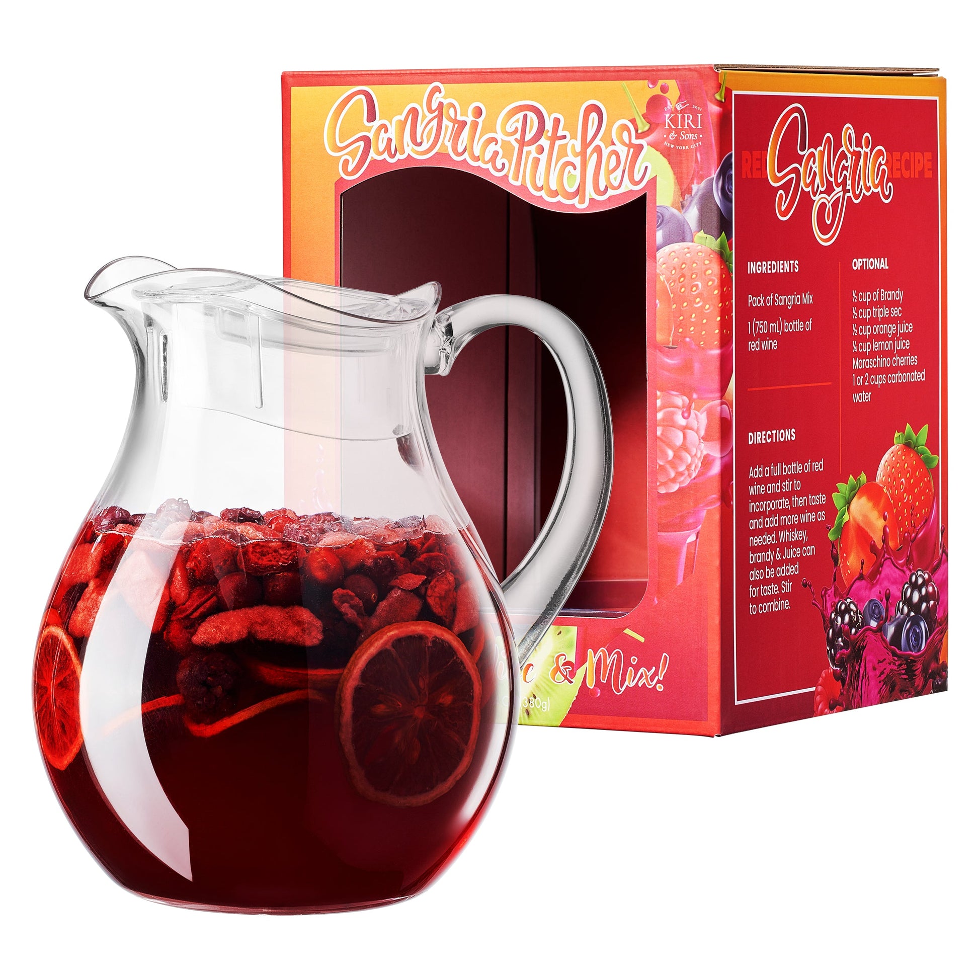 Sangria Drink Mix & Acrylic Beverage Pitcher with Lid | 72 oz | Homemade Make-Your-Own Sangria - Dried Fruit, Sangria Mixing Powder & Plastic Water Pitchers, Clear Tritan - Dishwasher Safe BPA-Free-0