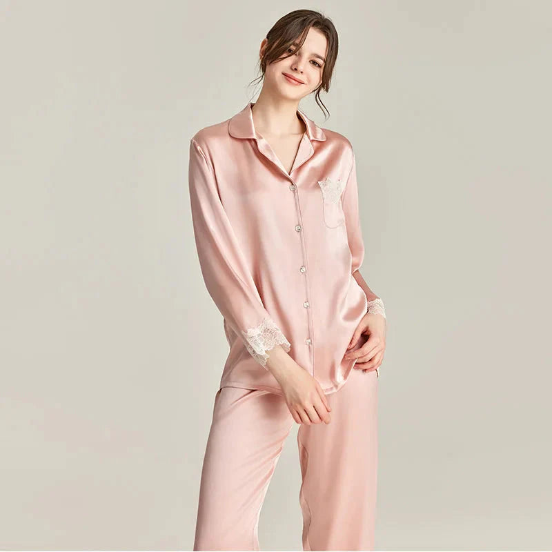100% Real Silk Pajamas Set with Lace Trim Women's Sleepwear