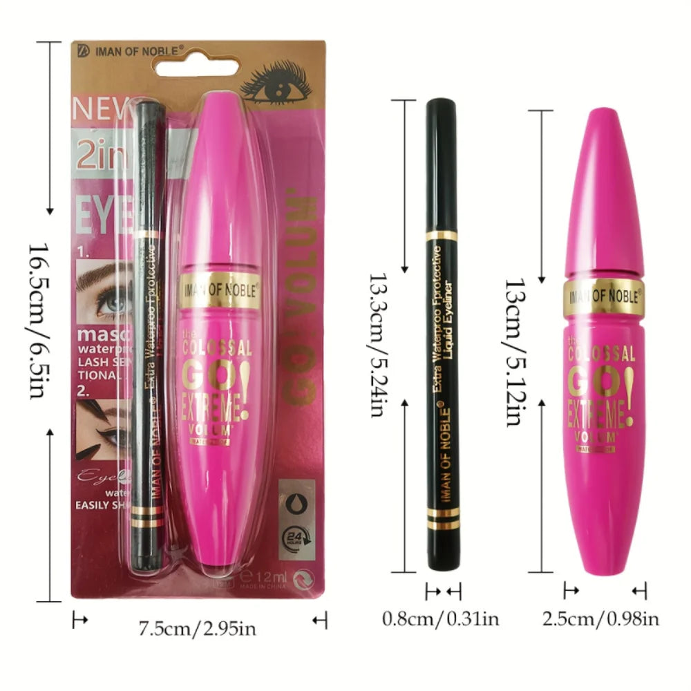 Mascara with Eyeliner Combo Black Slim Drawing Line Smooth Definition Long Lasting Waterproof Eye Makeup 2 Pcs Set