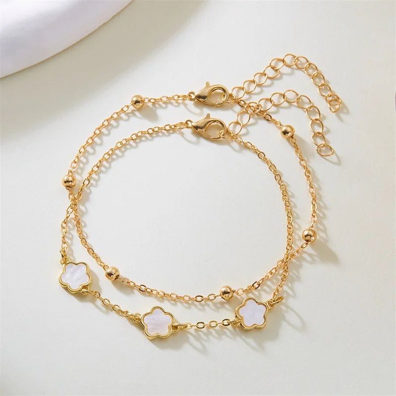 Design Sense 5 Leaf Flower Anklet for Women Lucky Flower Double Layer Chain Bracelet On The Leg Beach Barefoot Sandal Jewelry