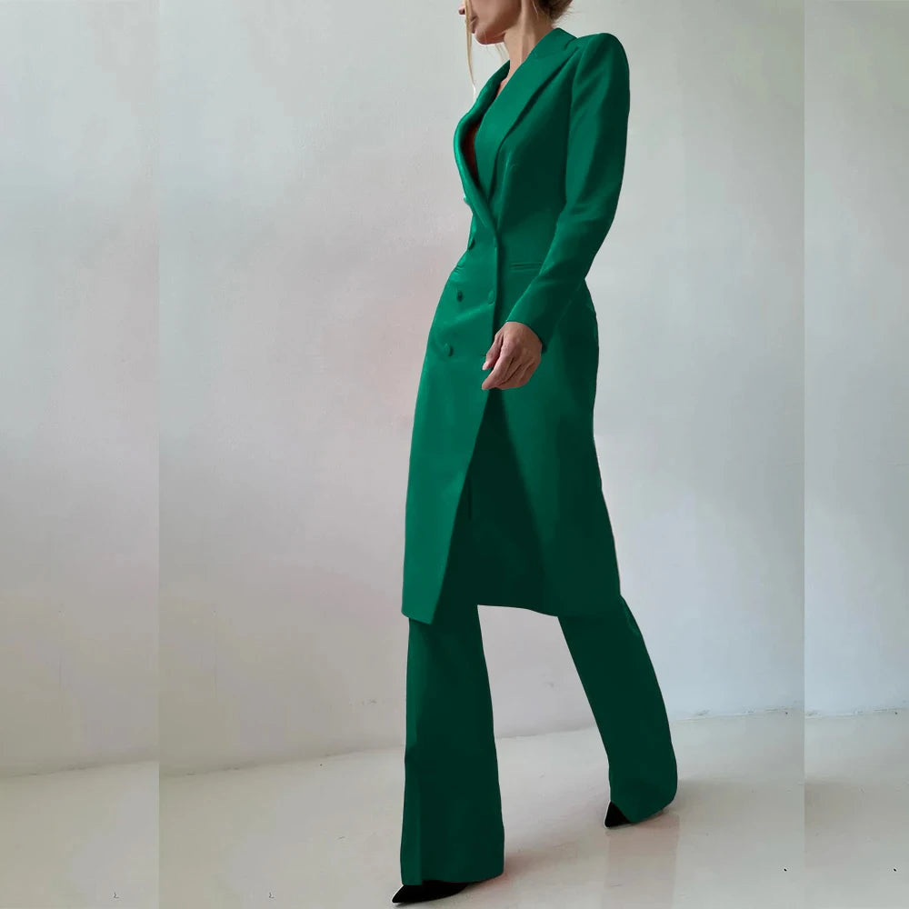 Customized Elegant Slim Fit Women's Suits 2 Piece Blazer Double Breasted Peak Lapel Long Jacket Pants Sets Fashion Clothing 2025
