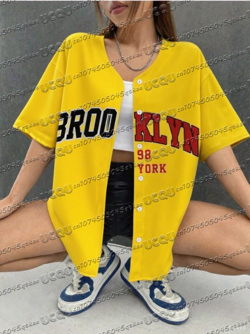 Summer Women's Baseball Jersey Brooklyn Button T-shirt Jersey Men's Short Sleeve Casual Button Streetwear Sport Top