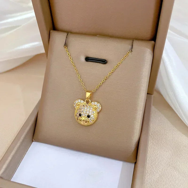 Gold Color Stainless Steel Chain Cute Shiny Zircon Bear Pendant Necklaces for Women Girls Lovely Luxury Jewelry Accessories Gift