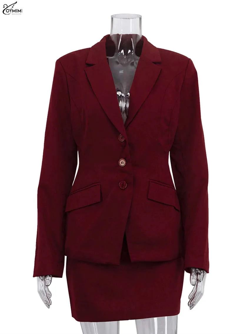 Oymimi Fashion Wine Red Two Piece Set For Women Elegant Long Sleeve Single Breasted Blazers And Slim Simple Mini Skirts Sets
