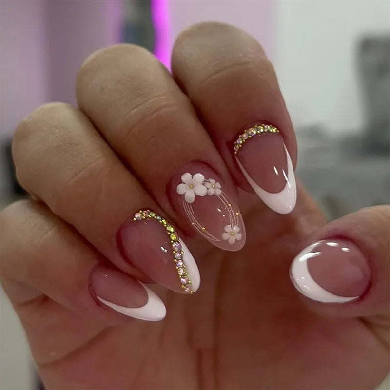 24pcs Purple French Almond Press on Nails Star Pattern False Nails Wearable Stick-on Nail Fake Nails Uñas Накладные Ногти 네일팁