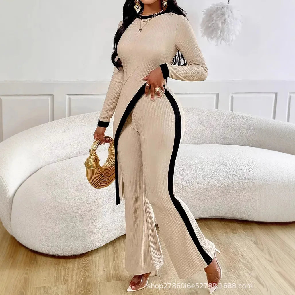 Striped Splicing Irregular Suit Round Neck Fashion Office Commuting Elegant Wide-leg Trousers Conjunto Dos Piezas Mujer Invierno