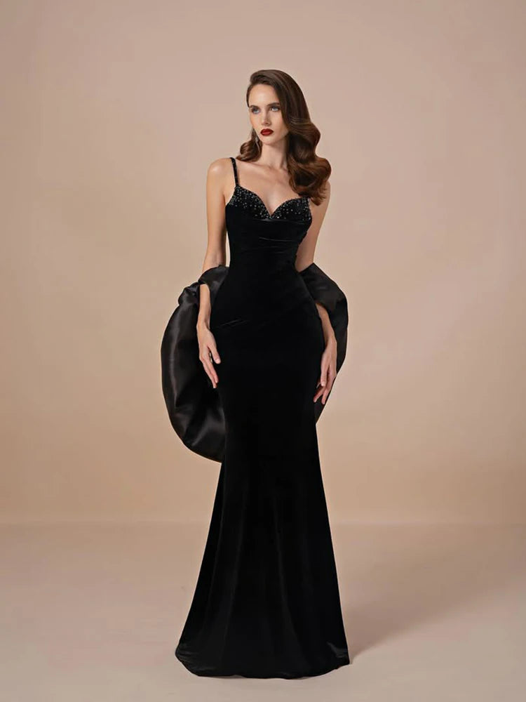 OEING Elegant Mermaid Prom Dress Black Sleeveless Floor Length Velvet Beading Evening Dresses robes de soirée Customized