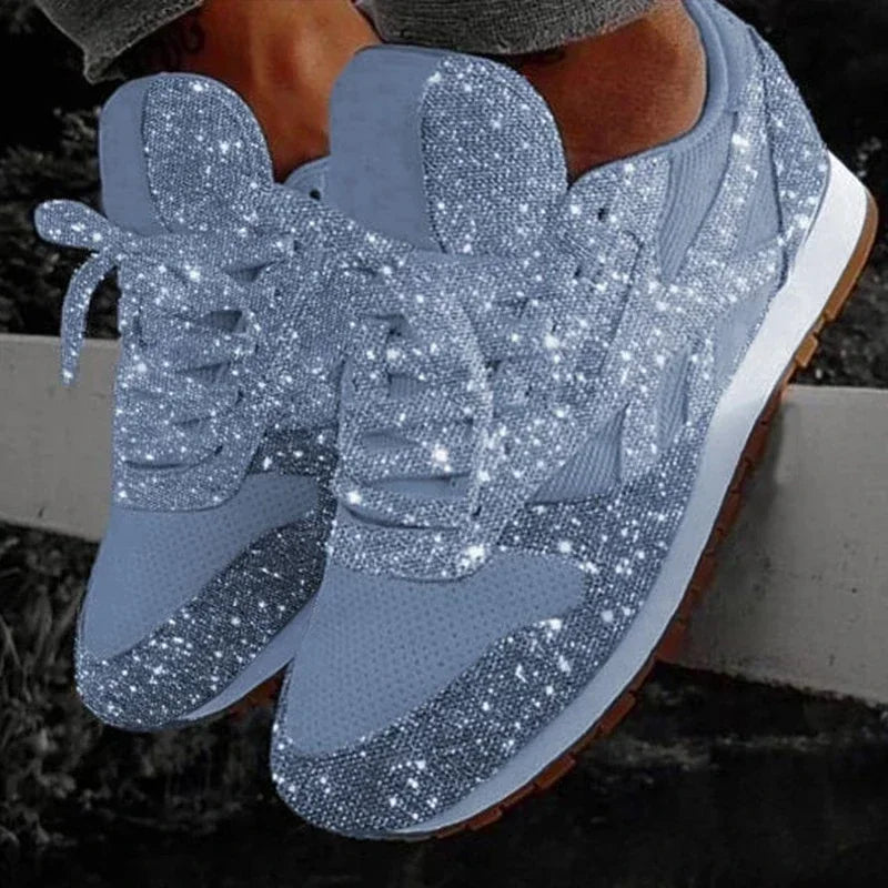 New Women Flat Sneakers Casual Bling Vulcanized Shoes Women Mesh Lace