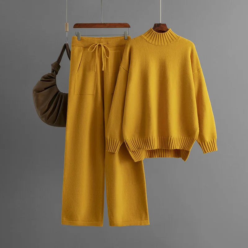Winter Thick Knitted 2 Piece Sets Women Half Turtleneck Knitwears Sweater Pullover Tops Conjuntos High Waist Sweatpants Outfit