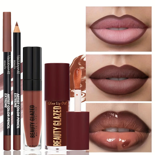 3pcs/Set Makeup Set,Matte Lip Liner+Natural Lip Glaze+Moisturizing Lip Oil,Long Lasting Waterproof & Sweat-Proof
