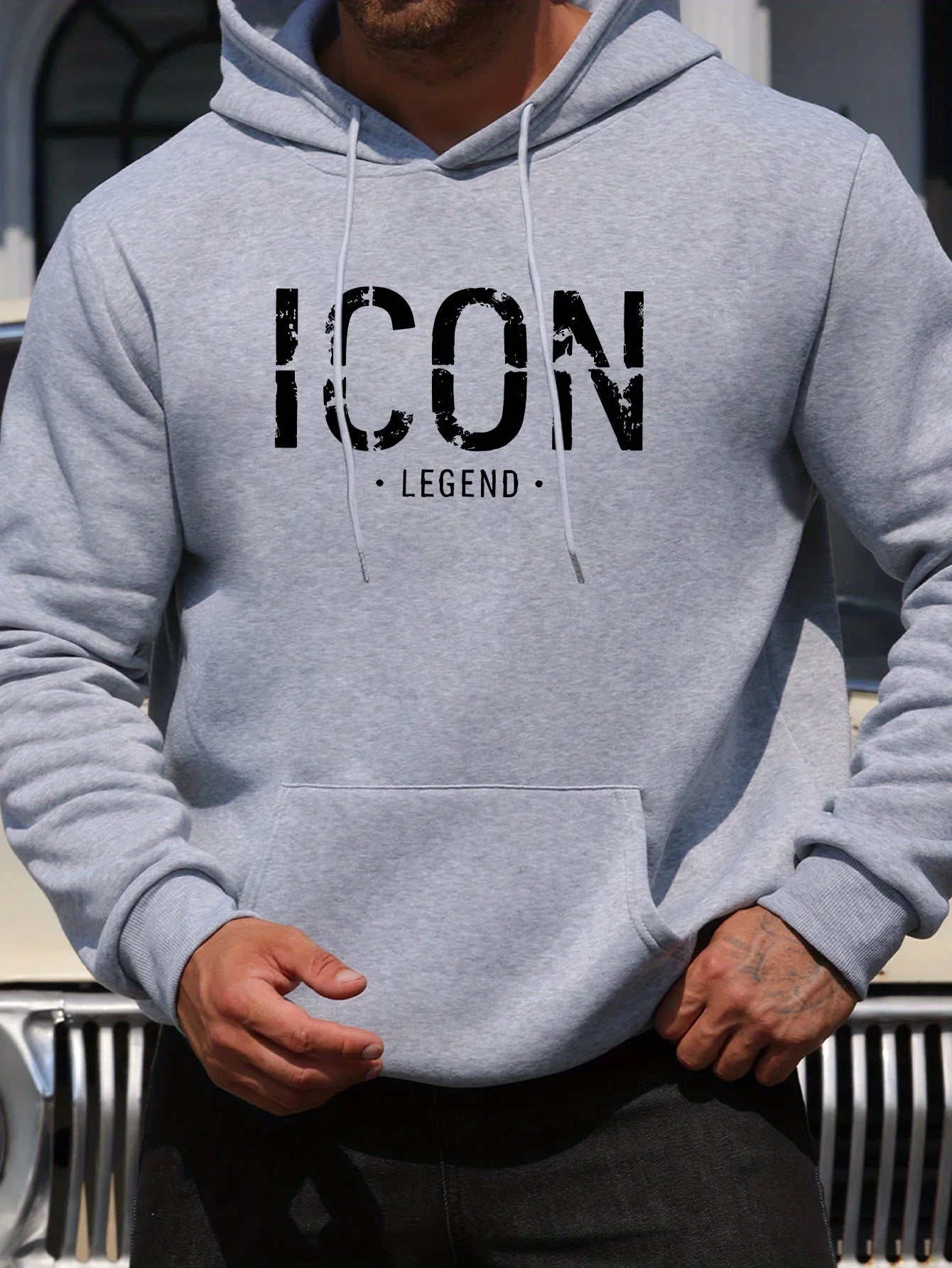 Men's Casual Pullover Sport Hoodie with "ICON" & "LEGEND" Graphic Print Fashion Hoodie