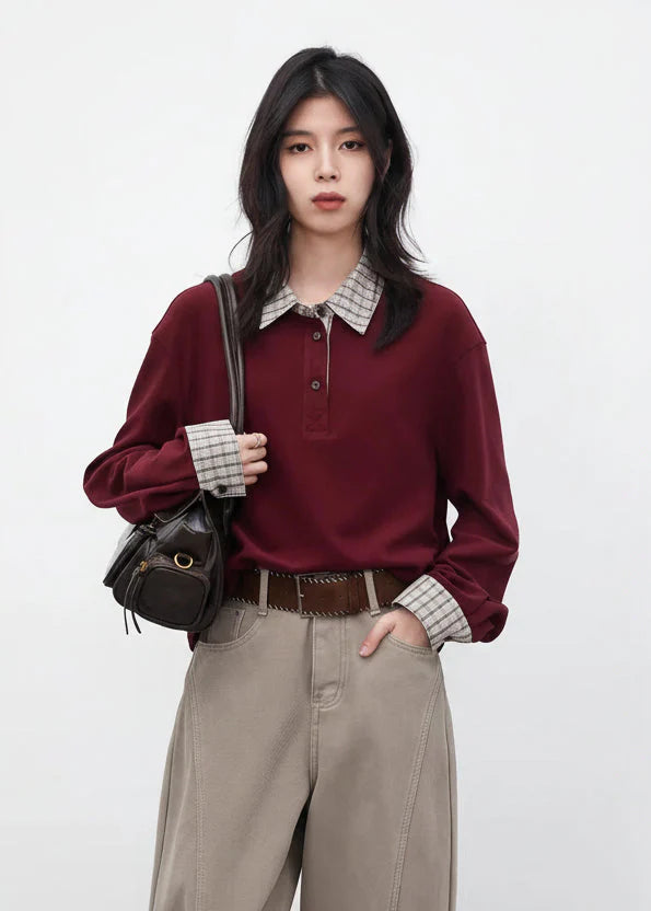 Color Block Plaid T-Shirt  Loose Casual Long Sleeve