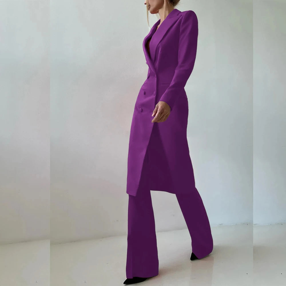 Customized Elegant Slim Fit Women's Suits 2 Piece Blazer Double Breasted Peak Lapel Long Jacket Pants Sets Fashion Clothing 2025