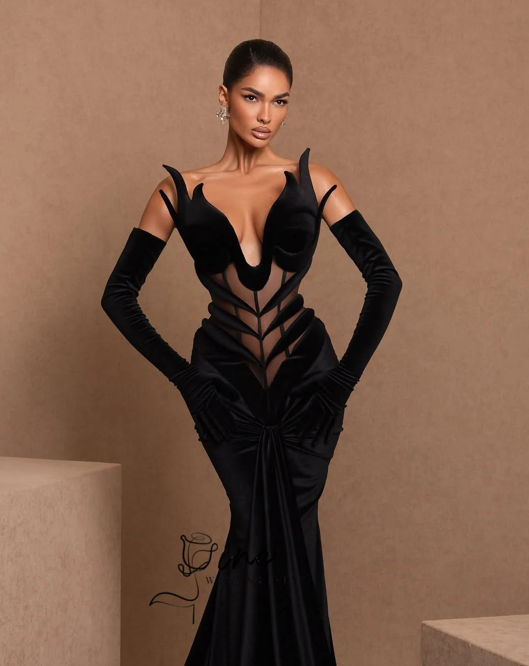 Oine Elegance Black Velvet Mermaid Evening Dresses V Neck Corset Unique Formal Occasion Dress New Design Prom Dress Customized