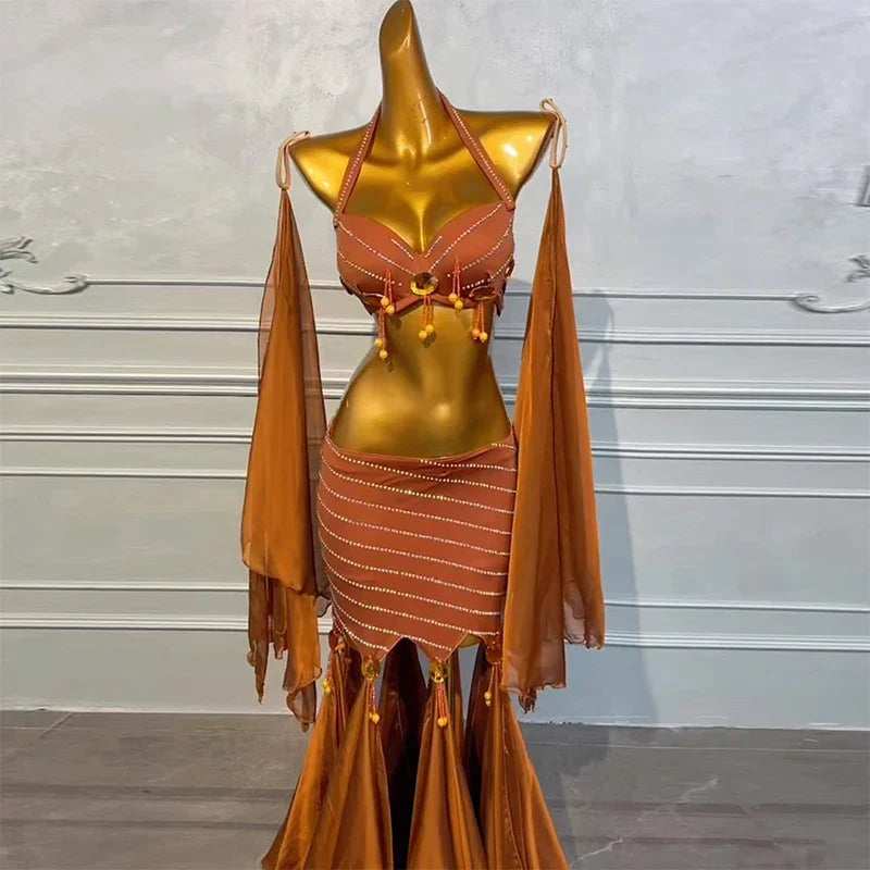 Belly Dance Costume Women Customized Luxury Rhinestone High-end Satin Performance Set Girls' Oriental Dance Competition Clothing