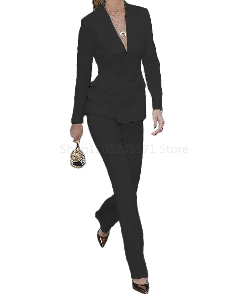 Slim Fit Fashion Women Blazer 2 Pcs Vintage Long Sleeve Suit Jackets and Straight Pants Suit Female Lapel Business Casual Dress