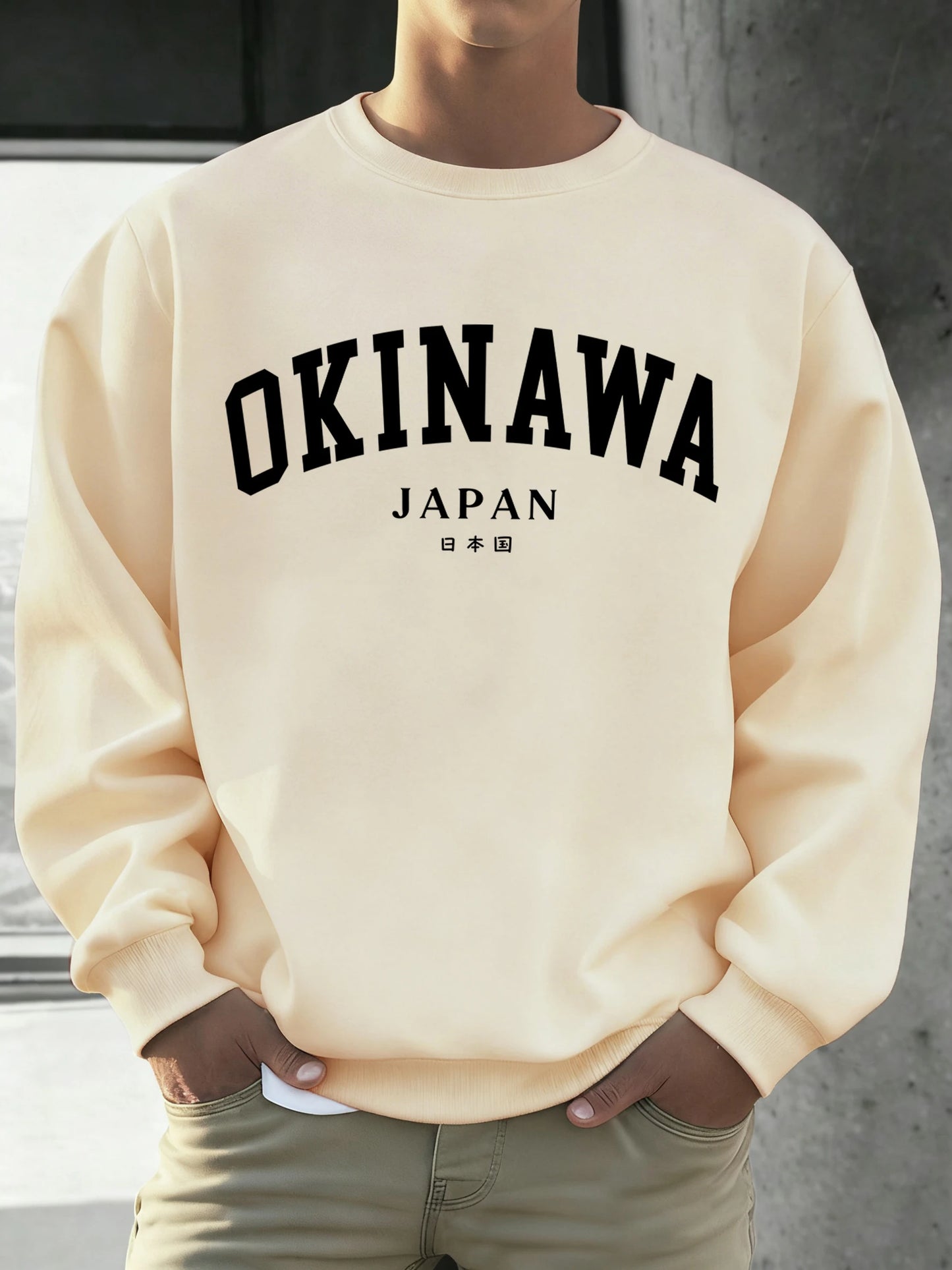 Okinawa Japan Letter Printed Male Sweatshirt Hip Hop Simple Long Sleeve Fleece Trendy Pullovers Unisex Loose All-Match Clothes