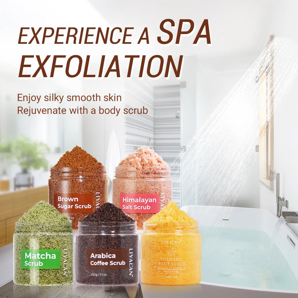 Body scrubs in jars with a spa setting in the background
