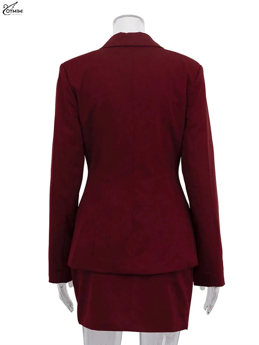Oymimi Fashion Wine Red Two Piece Set For Women Elegant Long Sleeve Single Breasted Blazers And Slim Simple Mini Skirts Sets