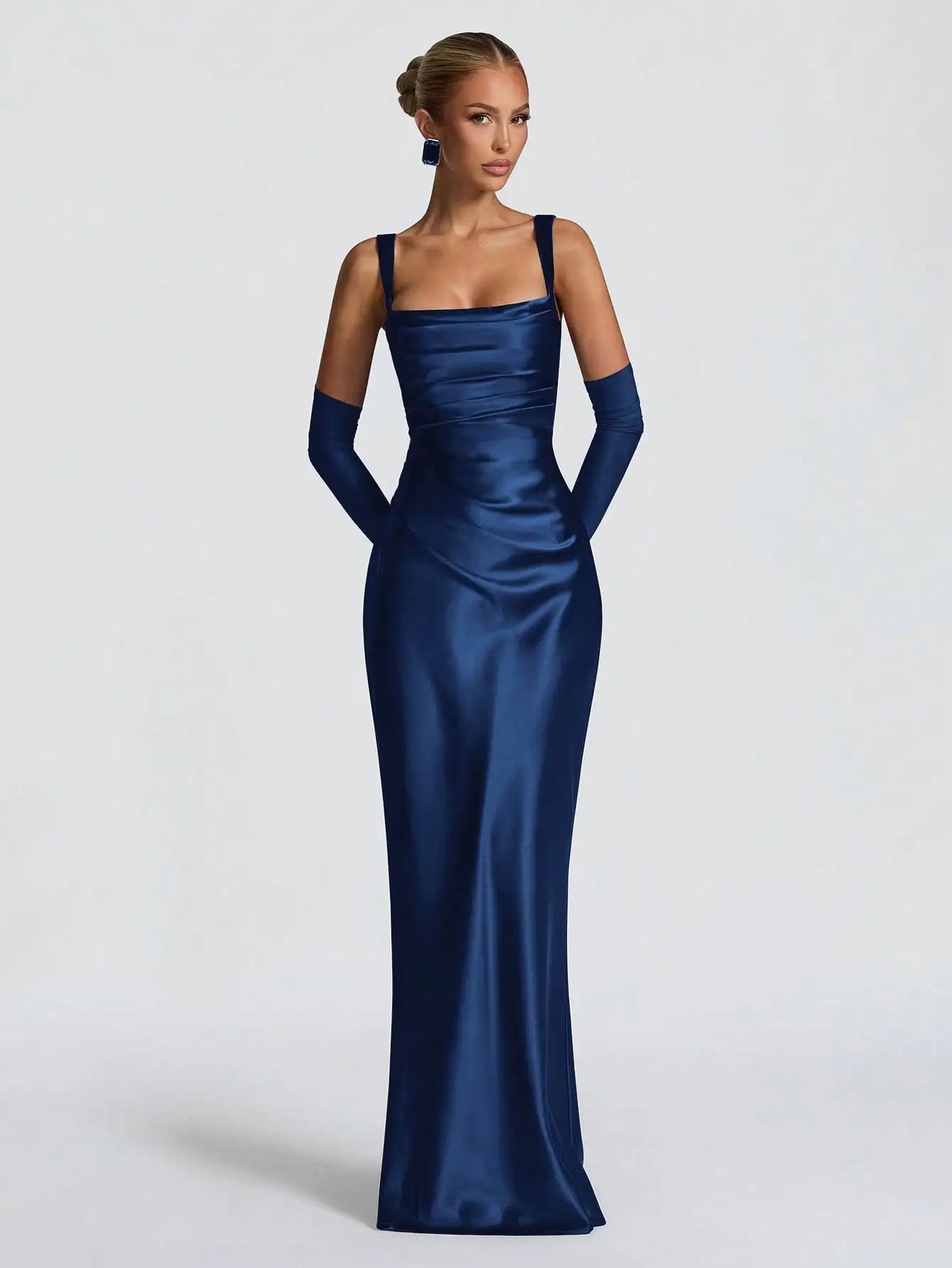 Black Satin Floor-Length Slip Dress With Ruched Waist And Sheer Gloves For Evening Gala Or Wedding Event