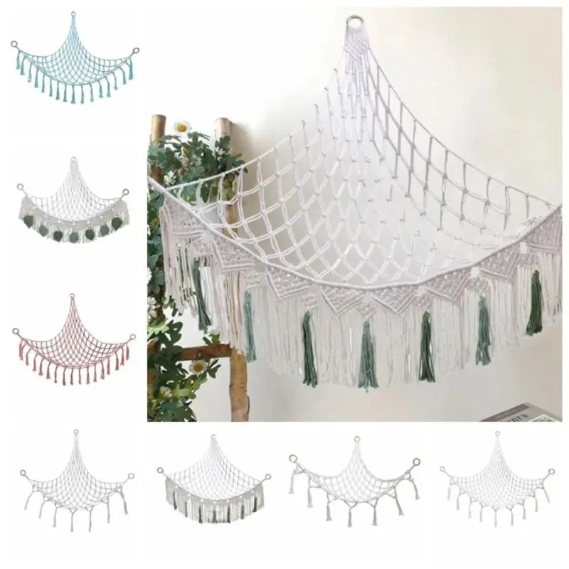 1PC-white plush toy hammock net, bohemian weave, plush toy storage rack, space saving, large capacity, corner hanging net