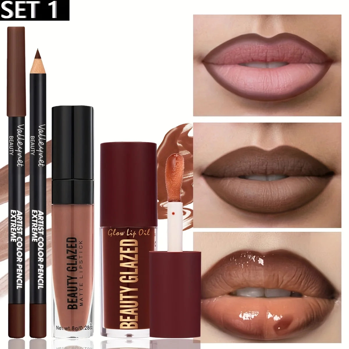 3pcs/Set Makeup Set,Matte Lip Liner+Natural Lip Glaze+Moisturizing Lip Oil,Long Lasting Waterproof & Sweat-Proof