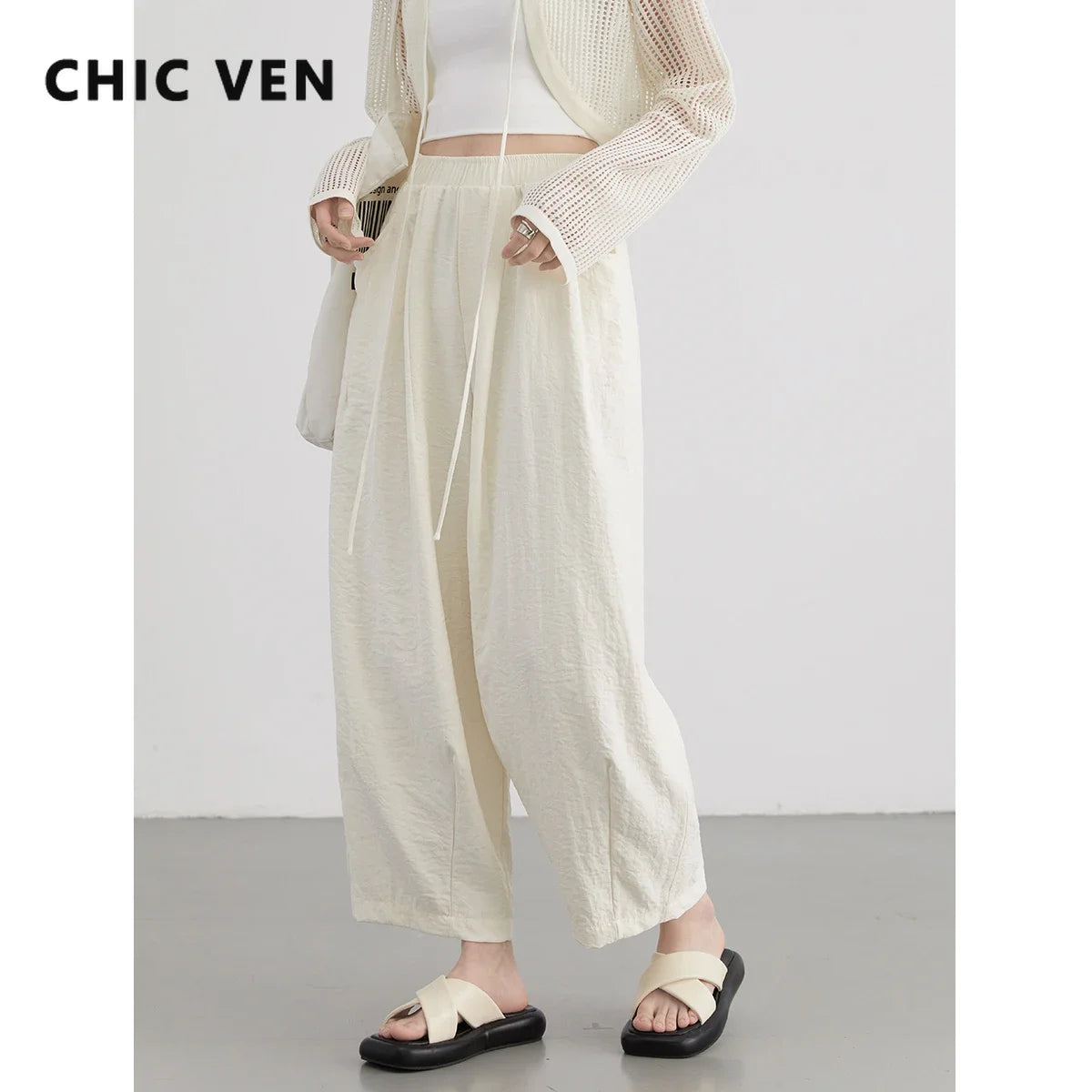 CHIC VEN Women Pants Casual High Waisted Wide Leg Trousers Korean Solid Pleated Streertwear Female Clothing Summer New 2025