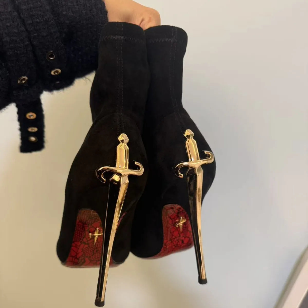 Ladies' Short High Heels Velvet Surface Red Bottom Boots Sharp Point Elastic Boots Gold Dagger Staff Boots Winter Fashion Boots