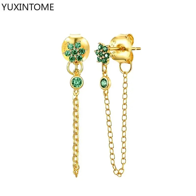 925 Sterling Silver Ear Needle Green Zircon Stud Earrings for Women Luxury Long Chain Geometric Gold Earrings Fashion Jewelry