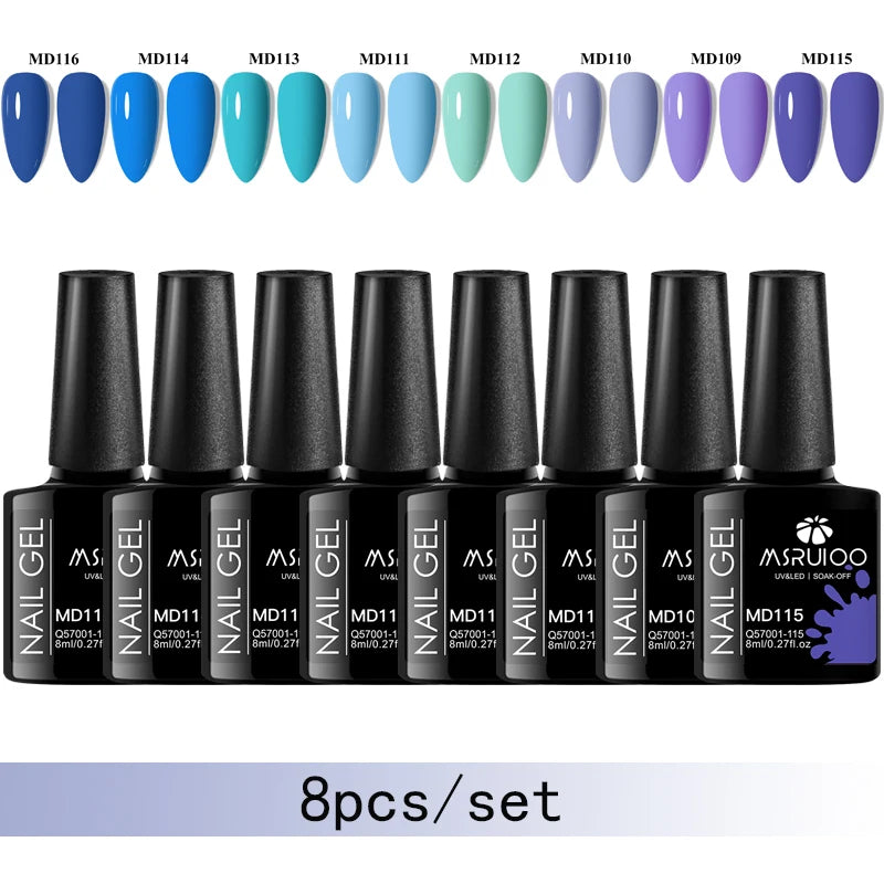 MSRUIOO 8pc Gel Nail Polish Kits Summer Colorful Semi Permanent UV LED Gel Polish Set Glitter Nail Art Varnish Design Manicure
