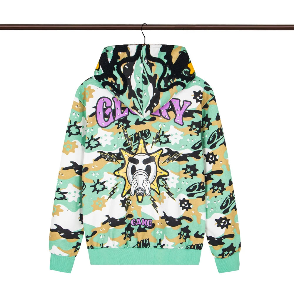 Glo Gang Eroded Glo Thermal embroidery printing Hoodie Men Women High Quality Oversized black full zip Hooded