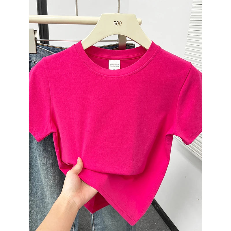 2026 Summer New High Quality Casual Plus Size T Shirt Sexy Short Sleeved Sleeves Fashion Trend Solid Women Clothing Y2k Tops