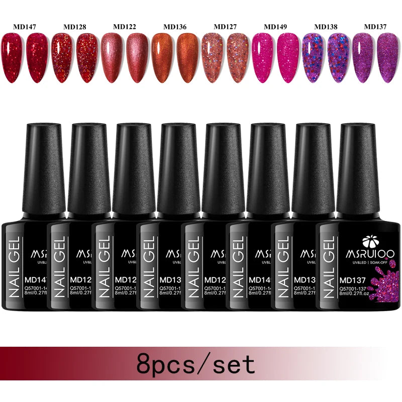 MSRUIOO 8pc Gel Nail Polish Kits Summer Colorful Semi Permanent UV LED Gel Polish Set Glitter Nail Art Varnish Design Manicure