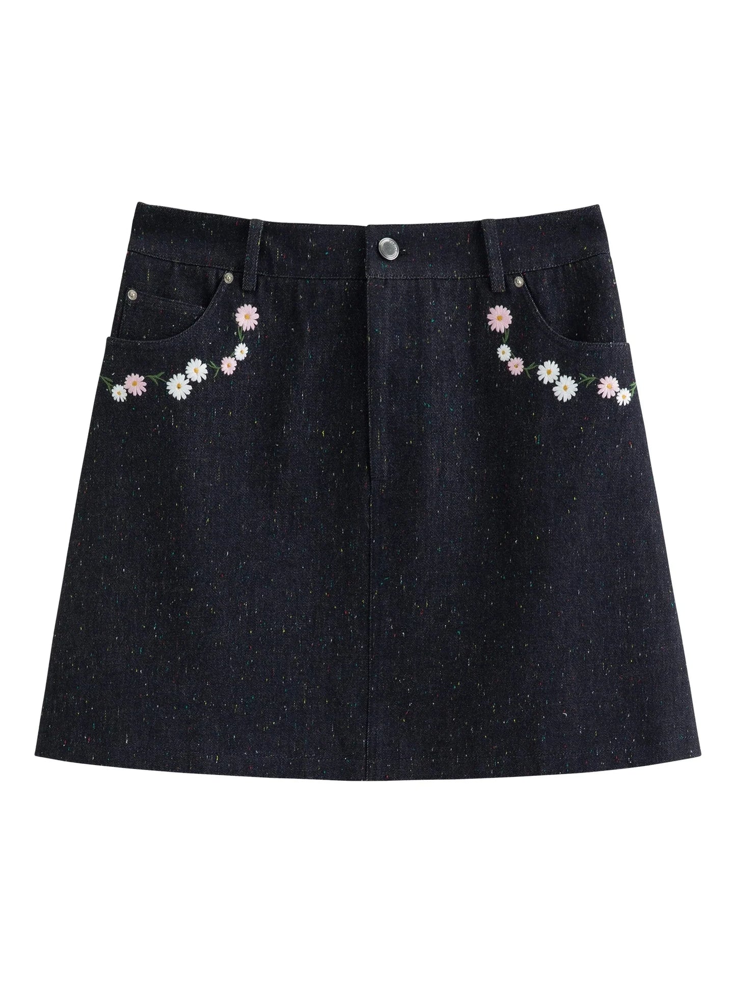 Women's Denim Skirt Floral Embroidered High-Waist
