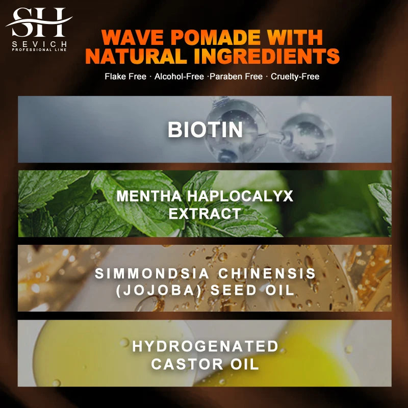 Natural Wave Control Pomade with Biotin for Men - Strong Hold 360 Waves