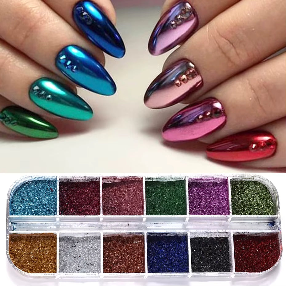 12 Colors Metallic Powder Nail Pigment Set-0
