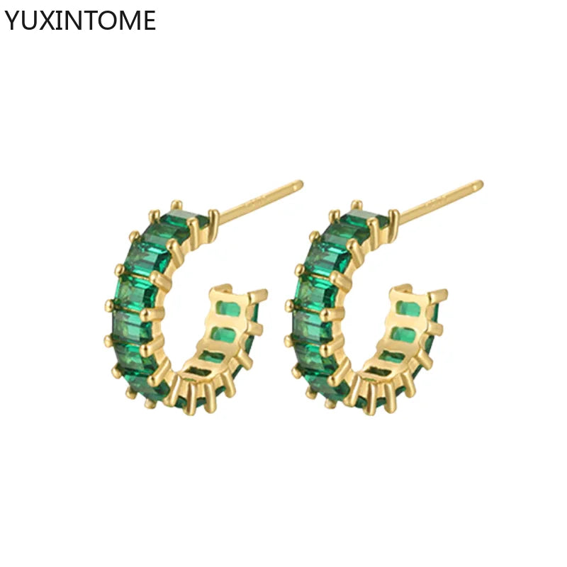 925 Sterling Silver Ear Needle Green Zircon Stud Earrings for Women Luxury Long Chain Geometric Gold Earrings Fashion Jewelry