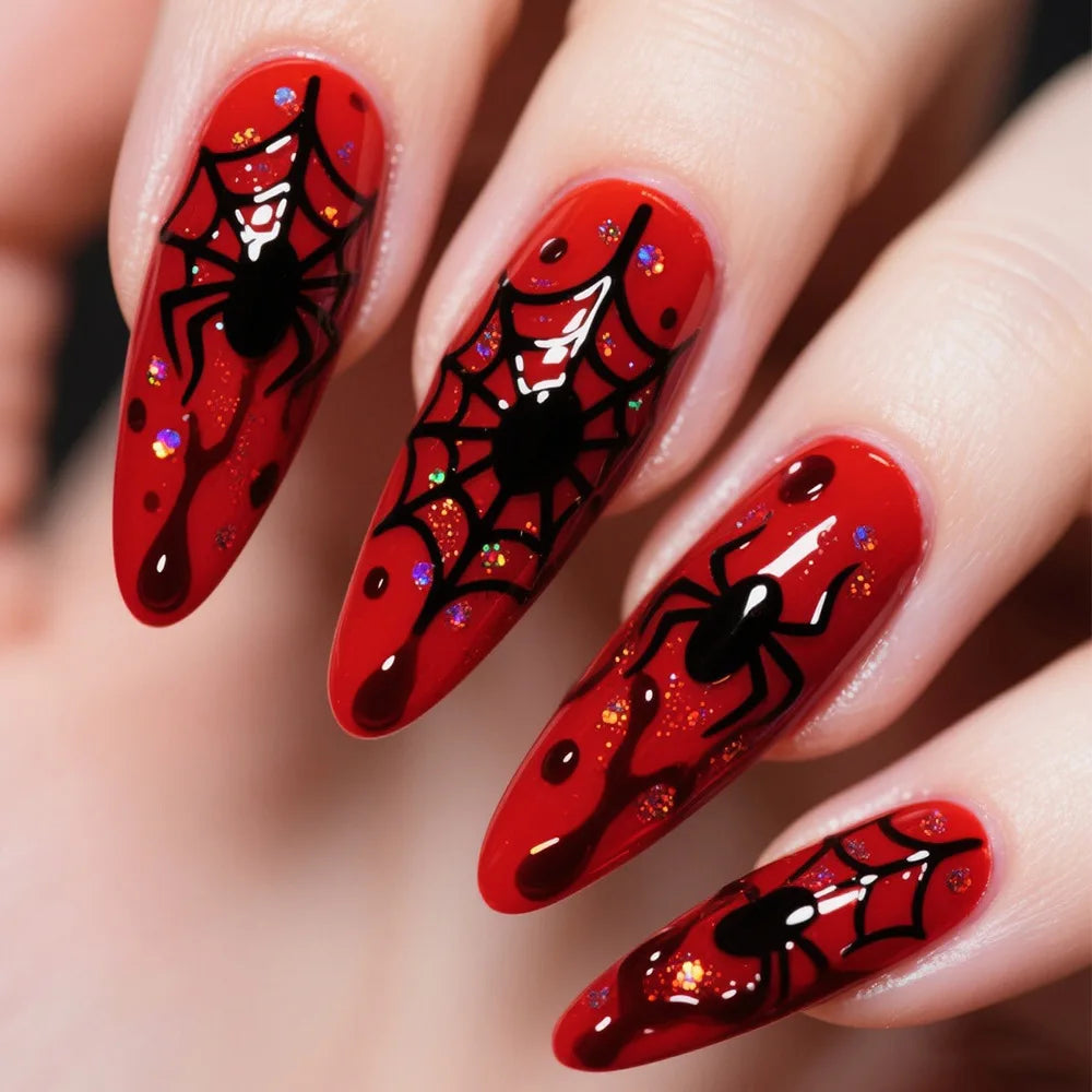 Black Halloween Nails Press on Stiletto Fake Nails Spider Web Designs Long Coffin Ballerina Wearable False Nail for Women 24Pcs