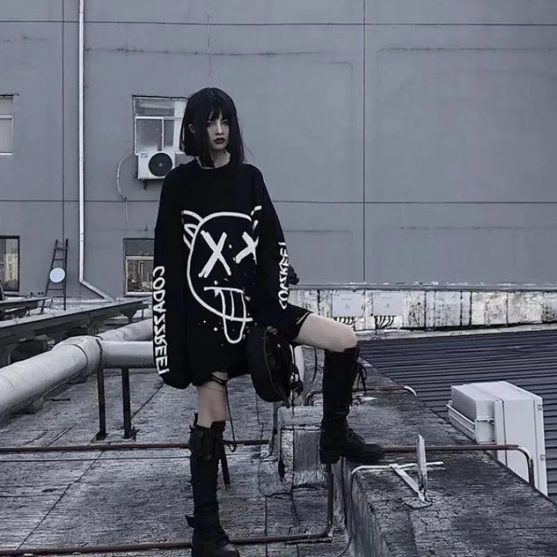 Graffiti Grimace Print Long Sleeve Loose Hoodie