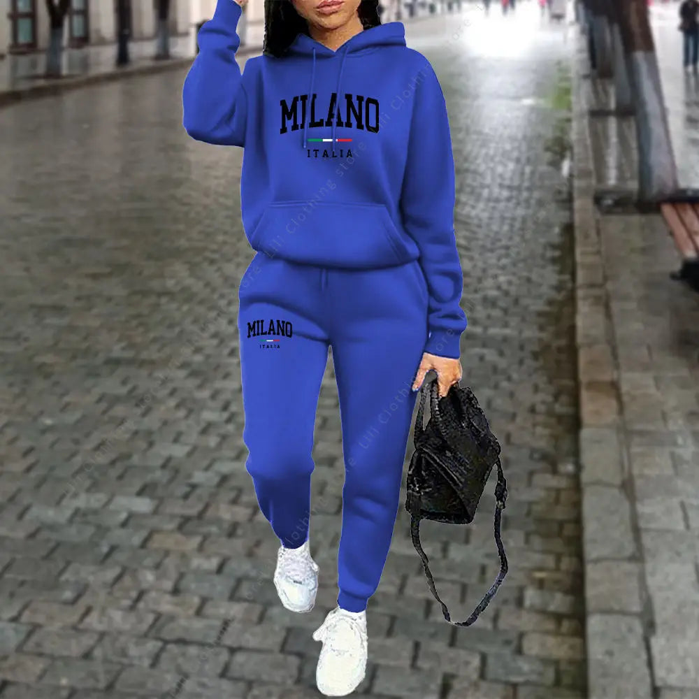 2pcs MILANO Letter Print Women’s Hoodie & Pants Tracksuit Set Sweatsuits in a Variety of Colors