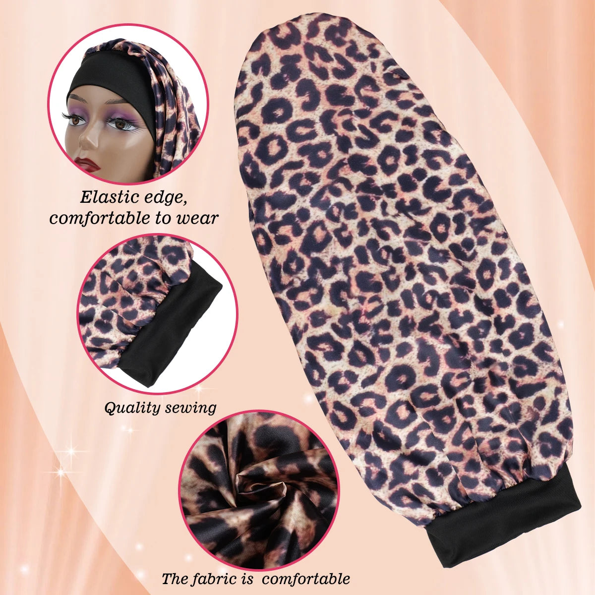Silk Sleep Bonnet with Wide Elastic Edge - Long Round Tail