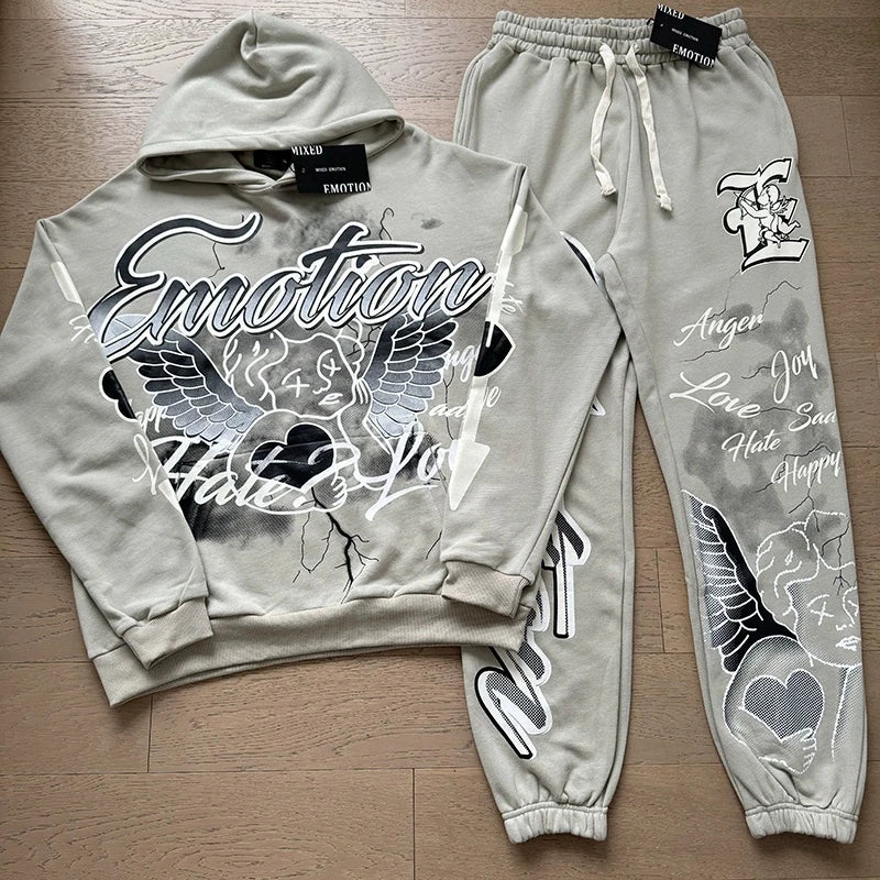 MIXED EMOTION 2-Piece Cotton Hoodie + Sweatpants Graffiti Print Sets